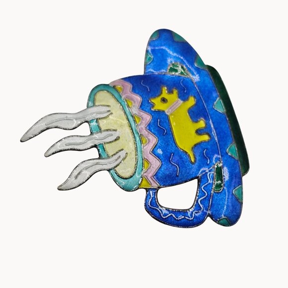 Vtg Handmade Painted Blue/Green Animal Dog Coffee Cup Mug Figural Brooch Pin - Picture 4 of 7